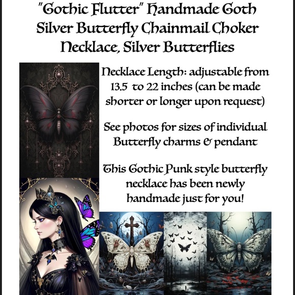 "Gothic Flutter" Handmade Goth Silver Butterflies Chainmail Choker Necklace Punk - Picture 15 of 16